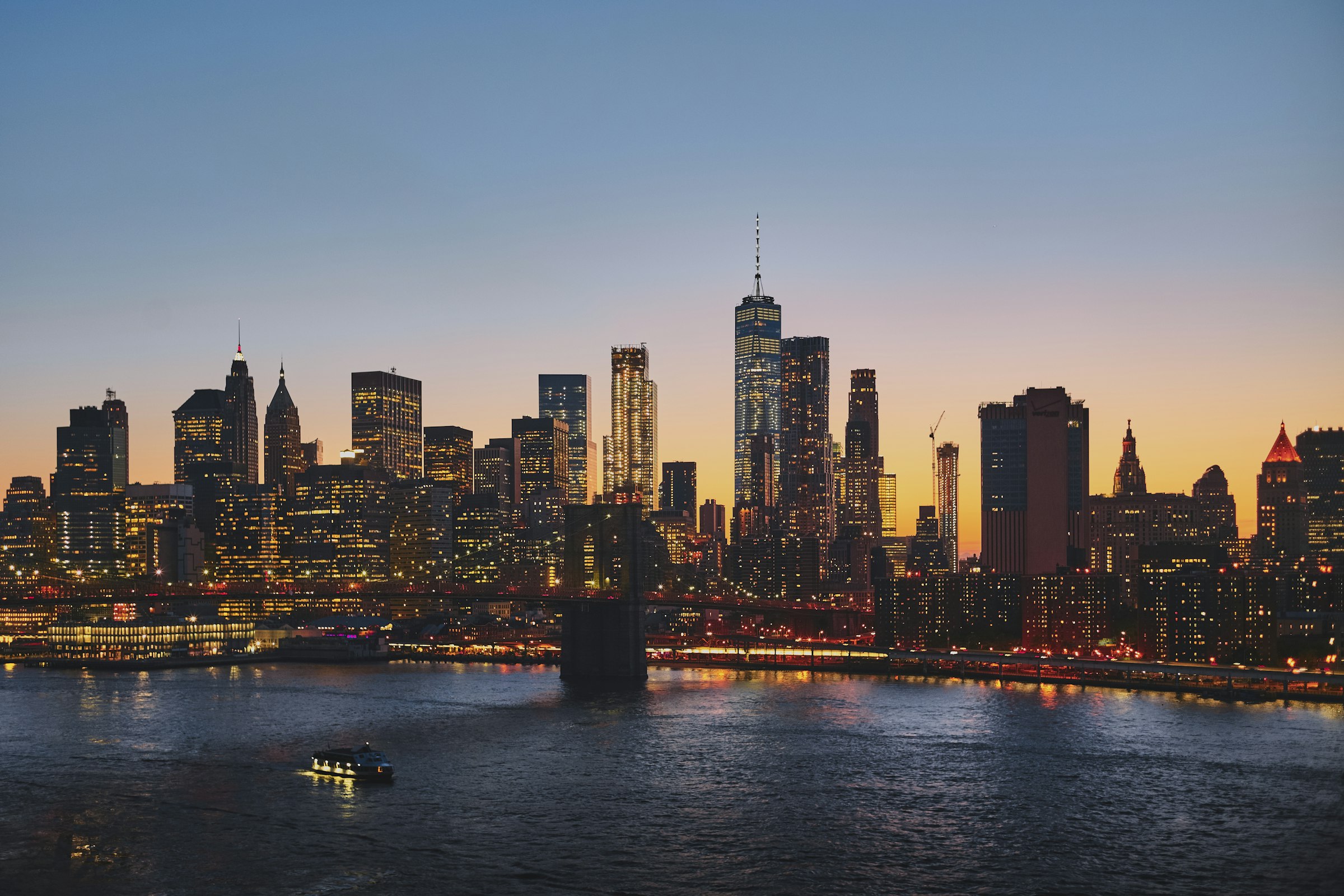 The New York City skyline at dusk